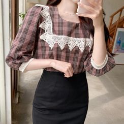 MyFiona - Puff-Sleeve Lace-Trim Plaid Blouse MyFiona - Puff-Sleeve Lace-Trim Plaid Blouse