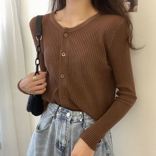 Sisyphi-Round Neck Plain Ribbed Knit Button Up Cardigan