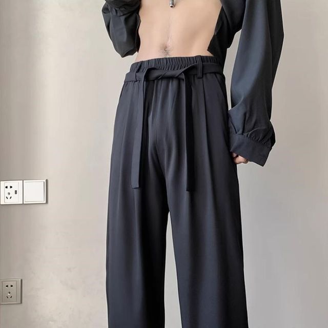 ravewider-Drawstring Waist Plain Loose Fit Pants