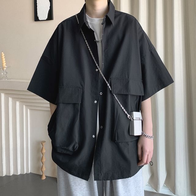 emeisa-Elbow-Sleeve Plain Pocketed Shirt