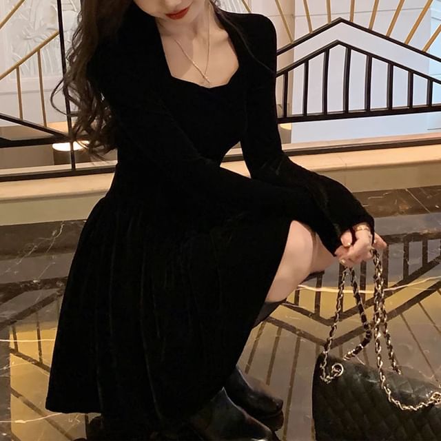 Coline - Long-Sleeve Square Neck Plain Velvet Mini A-Line Corset Dress |  YesStyle