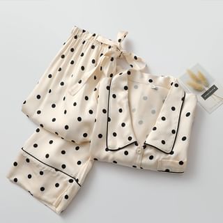 Finlies Pajama Set Long Sleeve Collared Dotted Shirt + Elastic Waist Straight Leg
