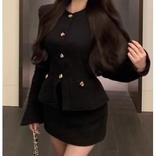 Trendycas-Round Neck Plain Button Jacket Mid Waist Plain Mini Pencil Skirt