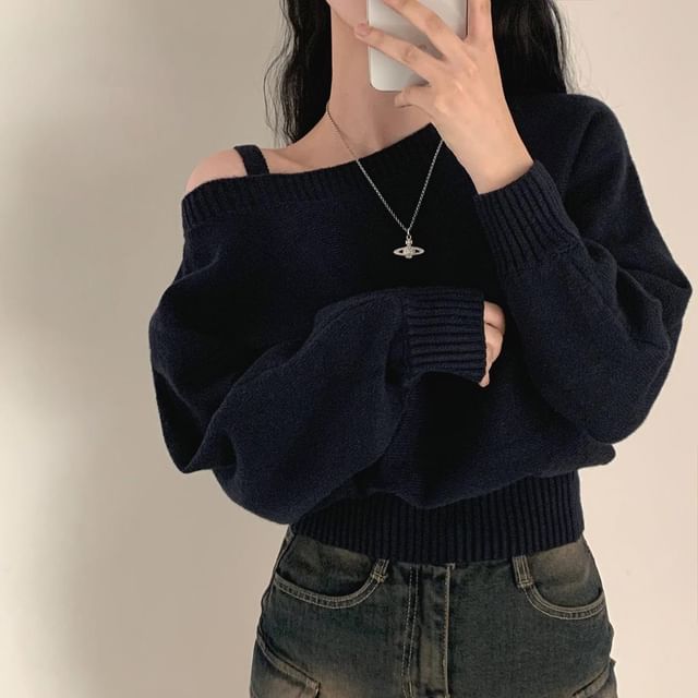 Glotto-Long Sleeve Off Shoulder Knitted Crop Sweater