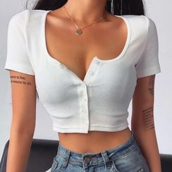 Alizio - Short-Sleeve Buttoned Rib-Knit Crop Top Alizio - Short-Sleeve Buttoned Rib-Knit Crop Top