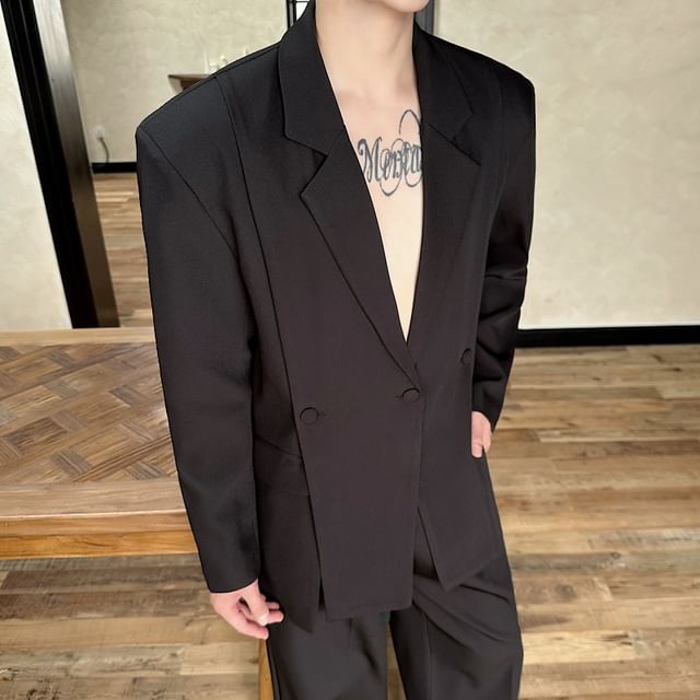 Freehop-Set Plain Button-Up Blazer Dress Pants