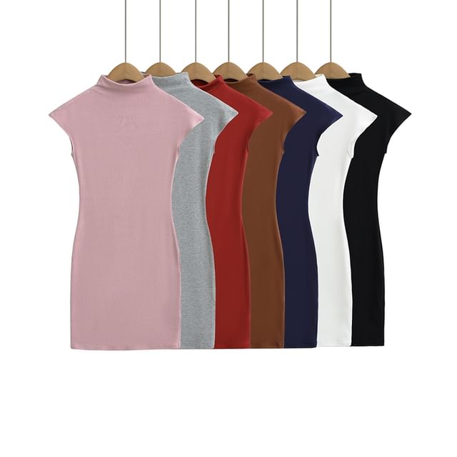 Ulark-Cap-Sleeve Mock Neck Plain Mini Bodycon Dress