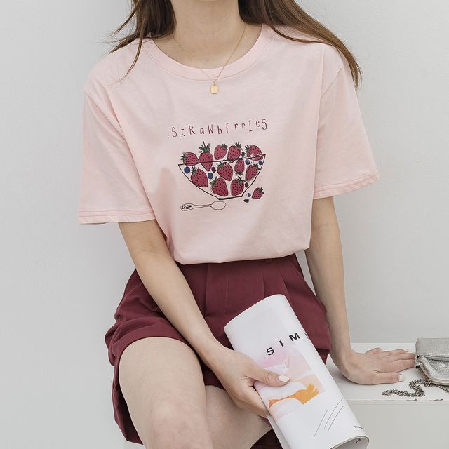Joyage - Short-Sleeve Strawberry Print 
