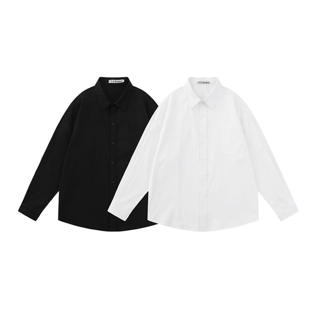 fluffush-Long Sleeve Collared Plain Button Shirt