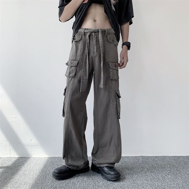 Washed Black Baggy Denim Cargo Pants - 638