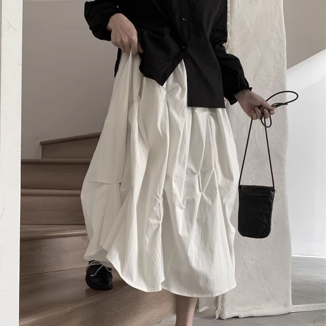 SIMPLE BLACK-High Waist Plain A-Line Midi Skirt