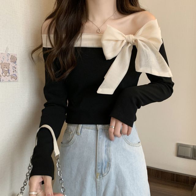 Parimoske - Long-Sleeve Off Shoulder Two Tone Bow Top | YesStyle