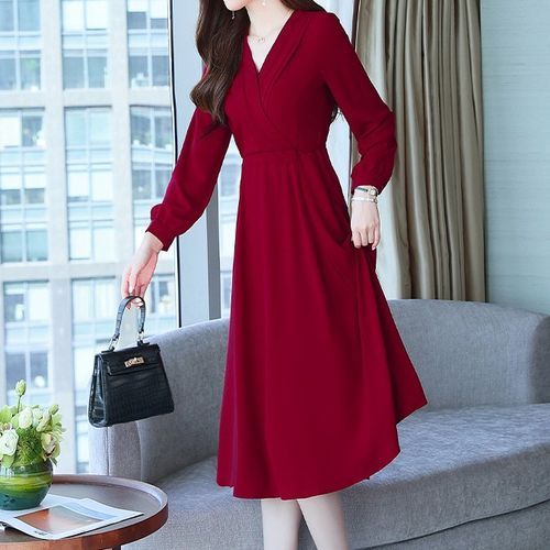 NEUF - Long-Sleeve V-Neck Plain Knit Pleated Midi A-Line Dress