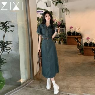 Secolo Set: Elbow-Sleeve Collared Washed Half-Buttoned Denim Midi A-Line Dress + Belt Sale