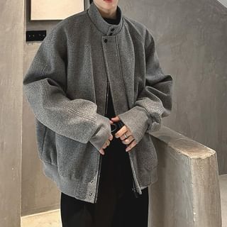 Ninine-Stand Collar Plain Zip-Up Jacket