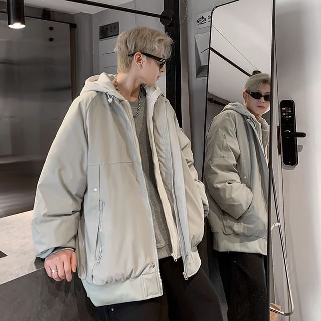 emeisa-Plain Hooded Mock Two-Piece Oversized Zip Jacket