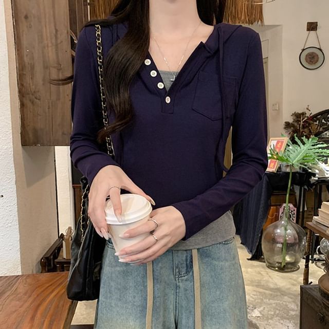 OGAWA-Mock Two-Piece Long-Sleeve Half Buttoned Top