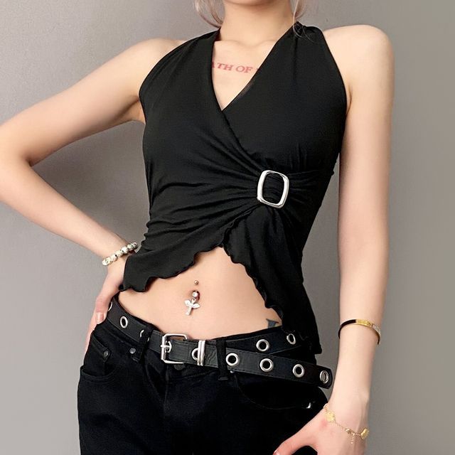 Bababy-Asymmetrical Wrap Cropped Halter Top