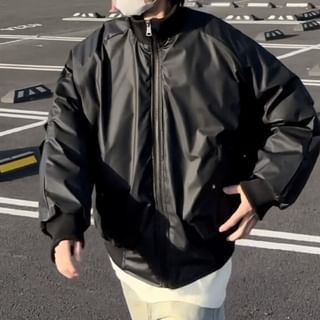 Omozando-Plain Oversized Faux Leather Zip Jacket