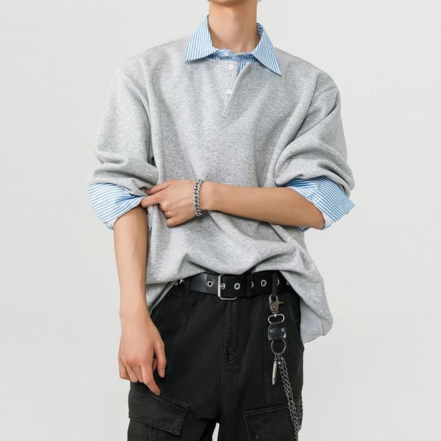 Omozando-Collar Plain Contrast Trim Mock Two-Piece Sweatshirt