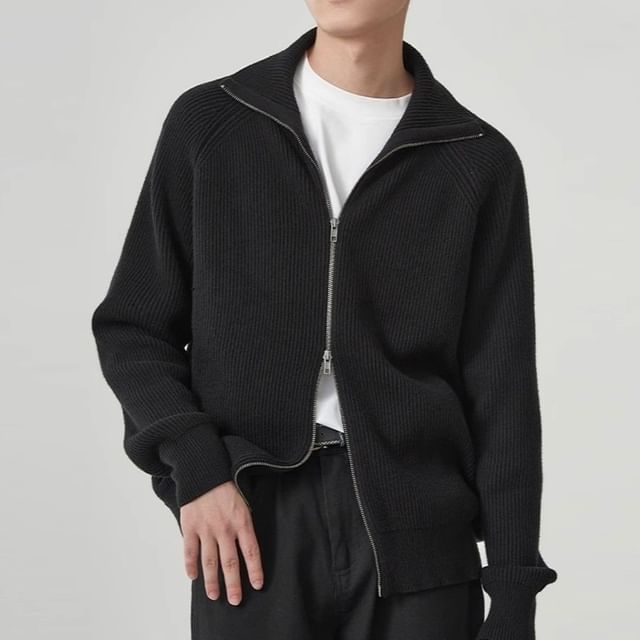 Blueforce-Collared Plain Ribbed Knit Zip Up Cardigan