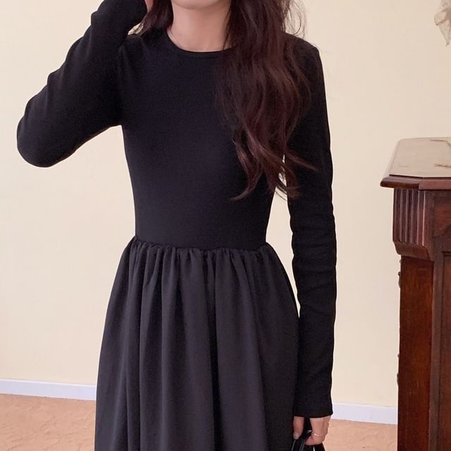 Long Sleeve Square Neck Plain Gathered Panel Maxi A-Line Dress