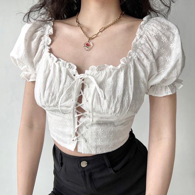Sinora Puff-Sleeve Lace-Up Floral Embroidered Blouse YesStyle