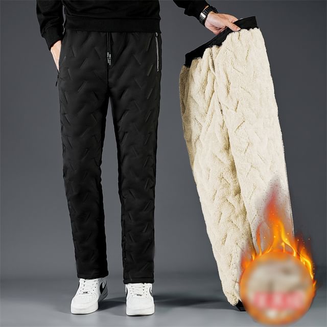 FORSETI-Drawstring Waist Plain Quilted Fleece-Lined Pants