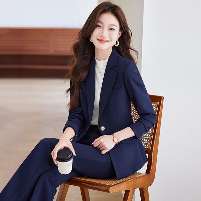 Skyheart-Lapel Collar Plain Single-Button Blazer High Waist Flared Dress Pants Set