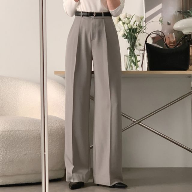 Jesong-High Rise Plain Loose Fit Slacks