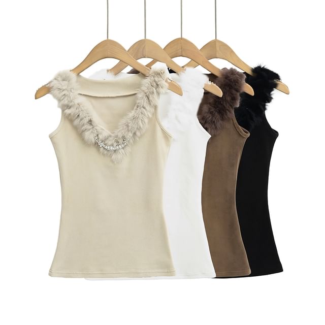 Ulark-V-Neck Rhinestone Fluffy Trim Tank Top