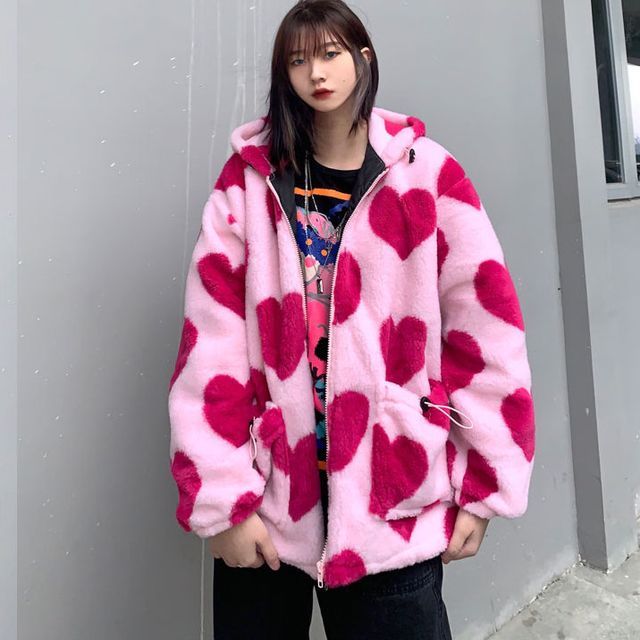 Pink Heart Hooded Fleece MELLO Heart Print Fleece Zip Hoodie YesStyle