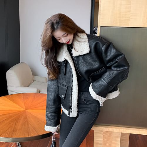 Fleece lined faux leather jacket best sale