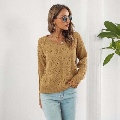 Caranello - V-Neck Heart Pointelle Knit Sweater