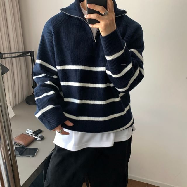 Urtishia-Stand Collar Striped Half-Zip Sweater