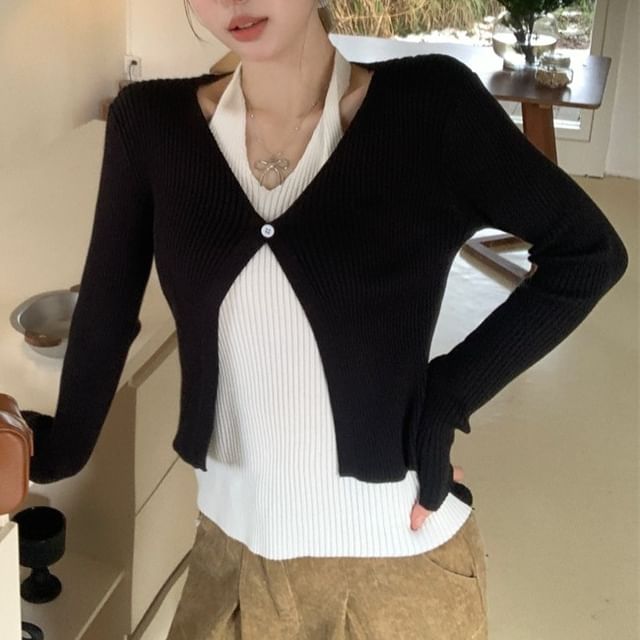 Allinya-Mock Two-Piece Long-Sleeve Halter Two Tone Ribbed Button Knit Top