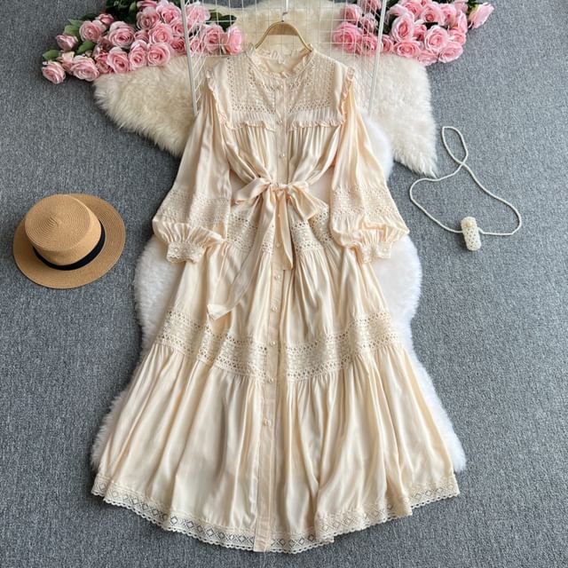 Moanum-Long-Sleeve Stand Collar Plain Lace Panel Frill Trim Button-Up Maxi A-Line Dress