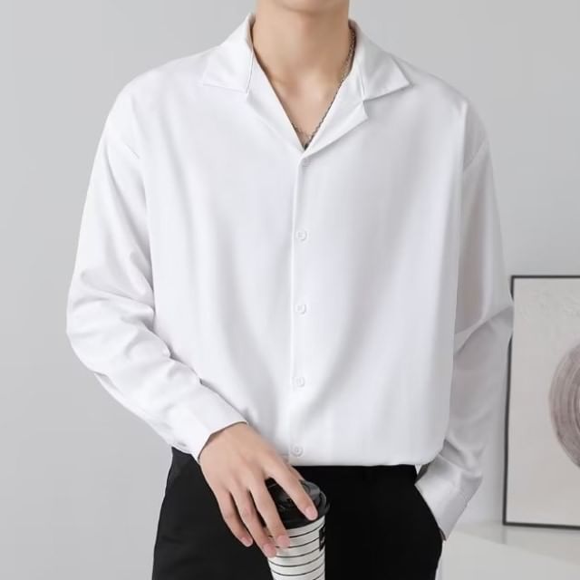 Sinlarity-Long-Sleeve Collared Plain Shirt