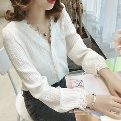 Cordio - Long-Sleeve Button-Up Lace Trim Creased Blouse