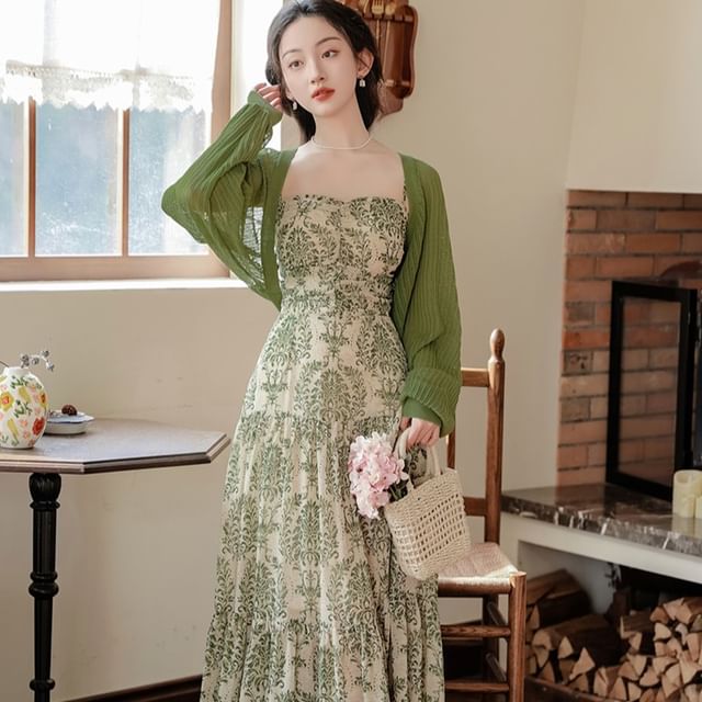 Lydiah - Set: Spaghetti Strap Print Maxi A-Line Sundress + Open