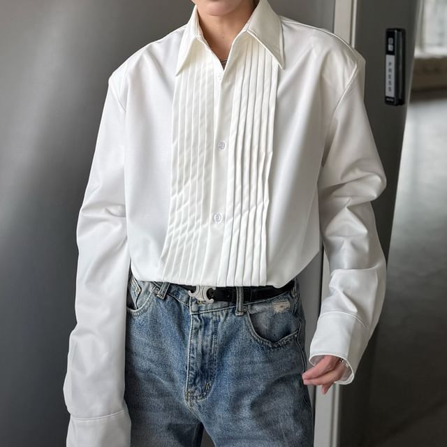 Omozando-Long Sleeve Collared Plain Pleated Button Up Shirt