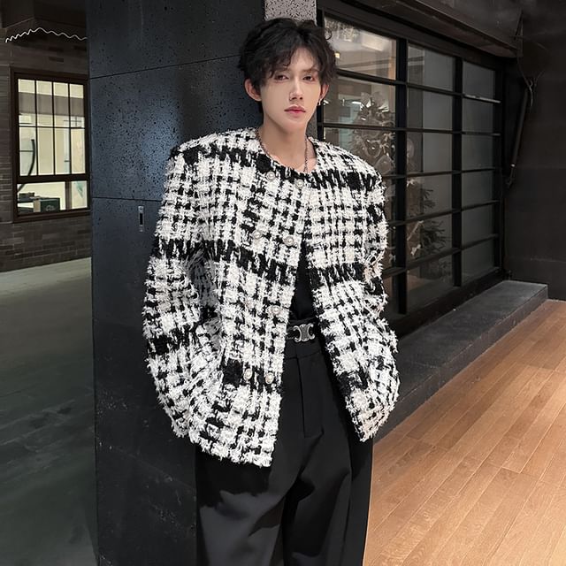 ravewider-Plaid Faux Pearl Button Double-Breasted Jacket