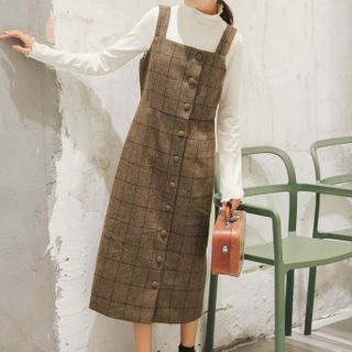 womens brown leather dress boots Cottagecore Plaid Fabric Stitched Pinafore Dress Dress ONLY