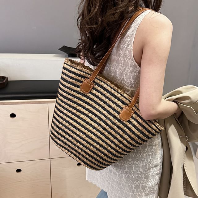 Basaran-Striped Straw Tote Bag