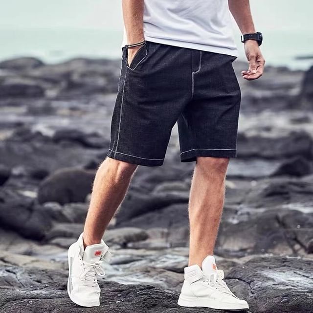 Adothuiastic-Mid Rise Contrast Stitched Denim Shorts