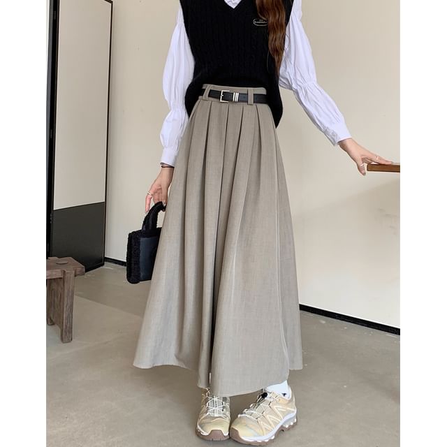 Mikiko High Waist Plain Pleated Midi A-Line Skirt Belt Set