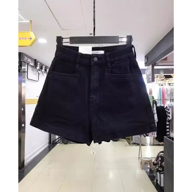 Wildfoea-High Waist Washed Denim Shorts