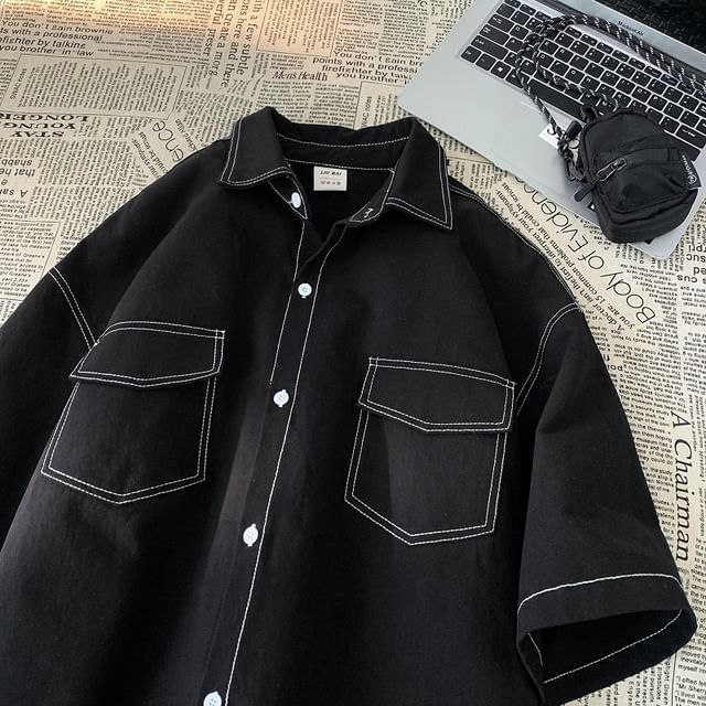 WidoWilder-Elbow-Sleeve Contrast Stitched Button-Up Shirt