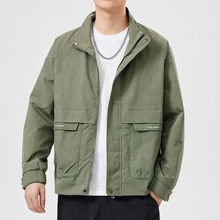 Nataro-Stand Collar Plain Zip-Up Windbreaker