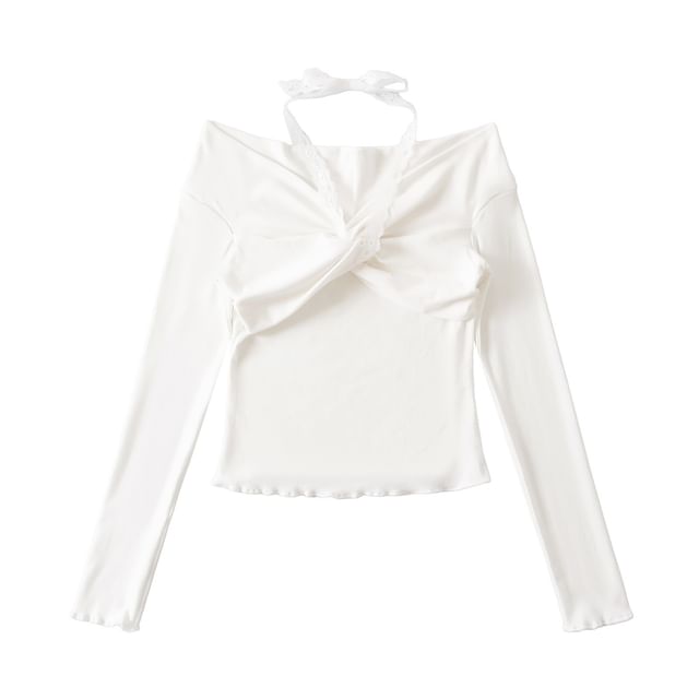 Asiris-Long-Sleeve Halter Neck Plain Top